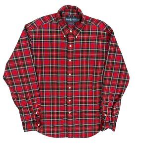 Vintage Ralph Lauren Classic Fit Button Down Shirt Red Plaid Cotton Large